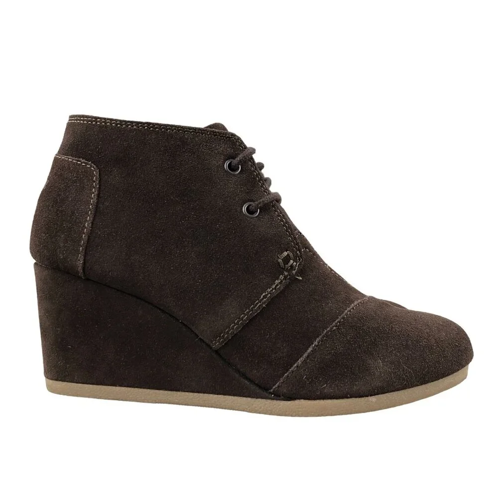 Toms Women's Size 8 Desert Brown Suede Wedge High Heel Lace-Up Ankle Booties